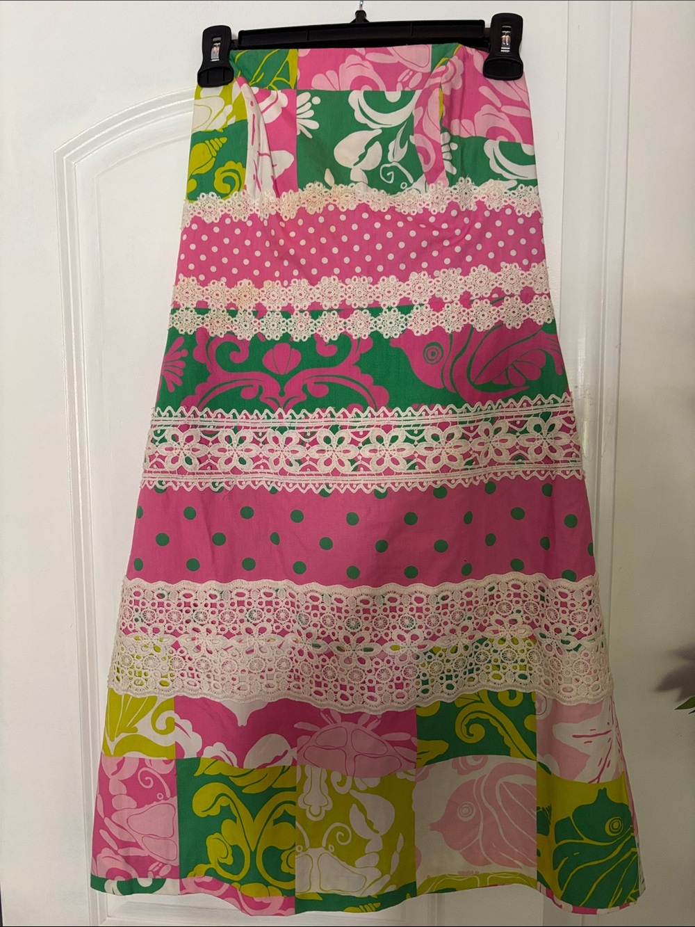 Floral Patchwork Bandeau Dress in Pink, Green &White lace